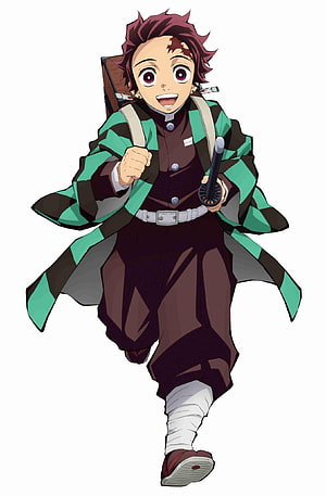 Tanjiro Kamado Running in Green Checkered Haori from Demon Slayer Anime HD phone wallpaper
