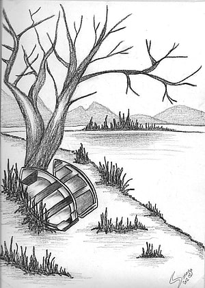Pencil Sketch of a Lakeside Scene with a Bare Tree and Two Canoes HD phone wallpaper
