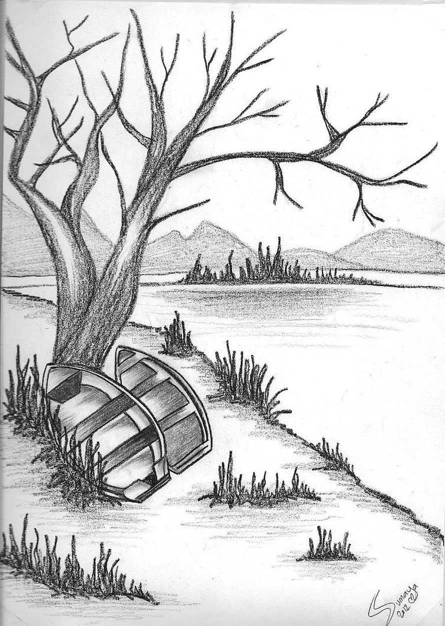 Pencil Sketch of a Lakeside Scene with a Bare Tree and Two Canoes HD phone wallpaper