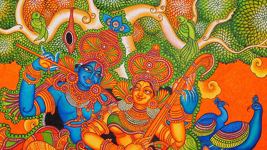 Traditional Indian Pichwai Style Mural Depicting Krishna and Radha Playing Musical Instruments HD wallpaper