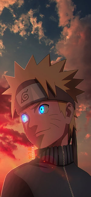 Naruto Uzumaki with glowing blue eyes against a dramatic sunset sky in anime style HD phone wallpaper