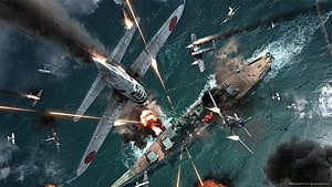 World War 2 Naval Aerial Combat with Japanese Zero Fighters and Warships HD wallpaper
