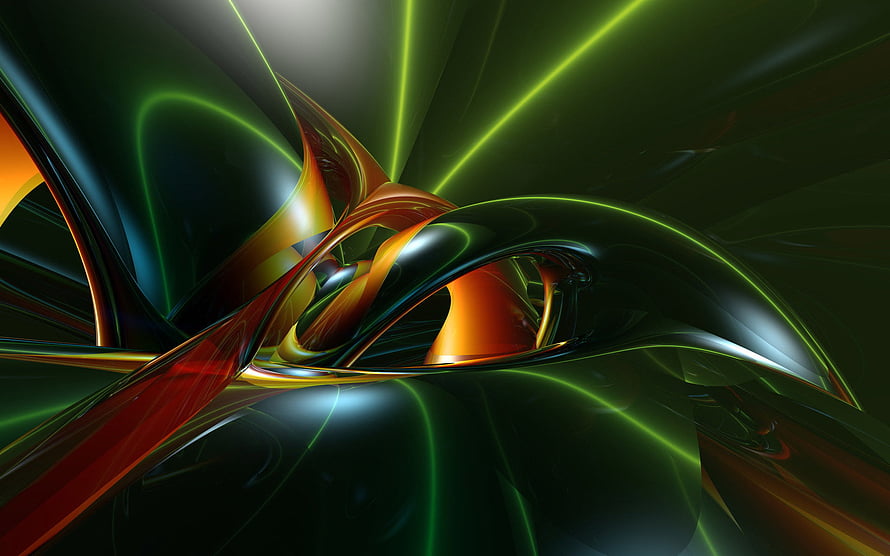 Vibrant Abstract 3D Render with Flowing Metallic Ribbons and Neon Green Light Streaks HD wallpaper
