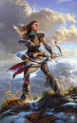 Aloy from Horizon Zero Dawn aiming futuristic bow on rocky cliff with autumn leaves and dramatic sky HD phone wallpaper