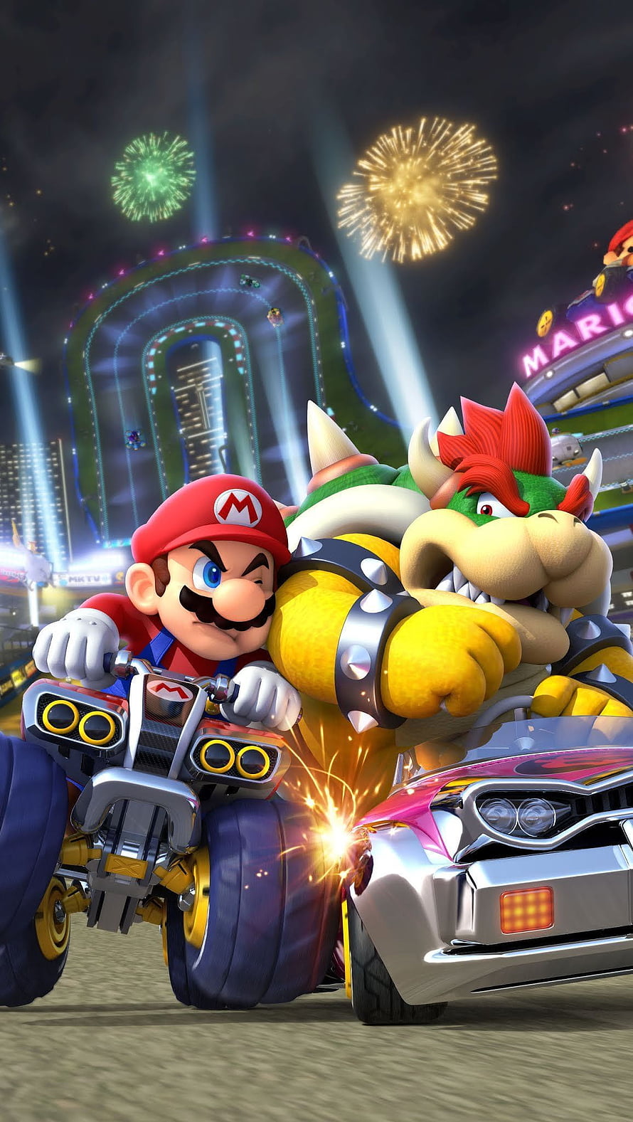Mario and Bowser Racing in Mario Kart Tour with Fireworks and Neon Cityscape HD phone wallpaper