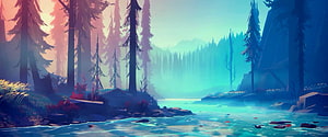 Stylized Digital Art of a Misty Pine Forest and Glowing River at Dawn HD wallpaper