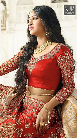 Shivangi Joshi in Red and Gold Embroidered Indian Bridal Lehenga with Pearl Jewelry HD phone wallpaper