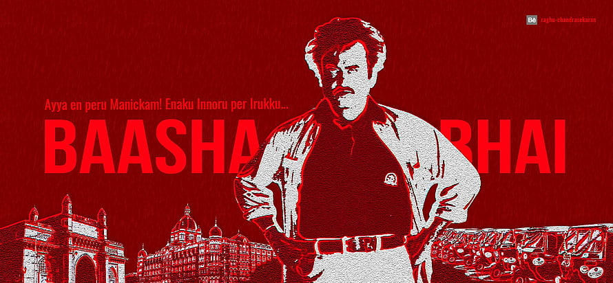 Baasha Movie Poster Featuring Rajinikanth in Red and White Stylized Art HD wallpaper