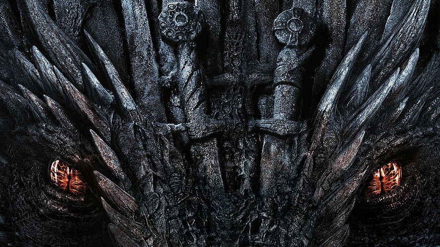 Drogon Dragon Close-Up with Glowing Eyes and Iron Throne from Game of Thrones HD wallpaper