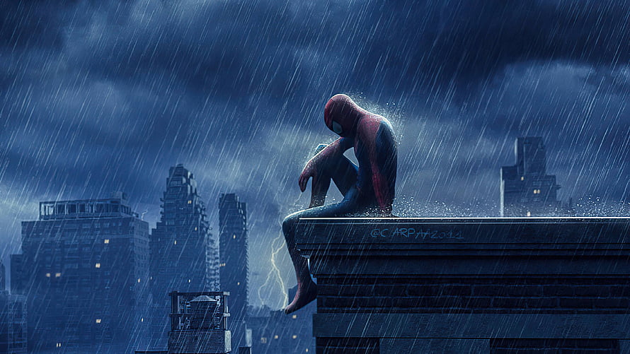 Sad Spider-Man Sitting on Rooftop in Rainy Storm Over City Skyline HD wallpaper