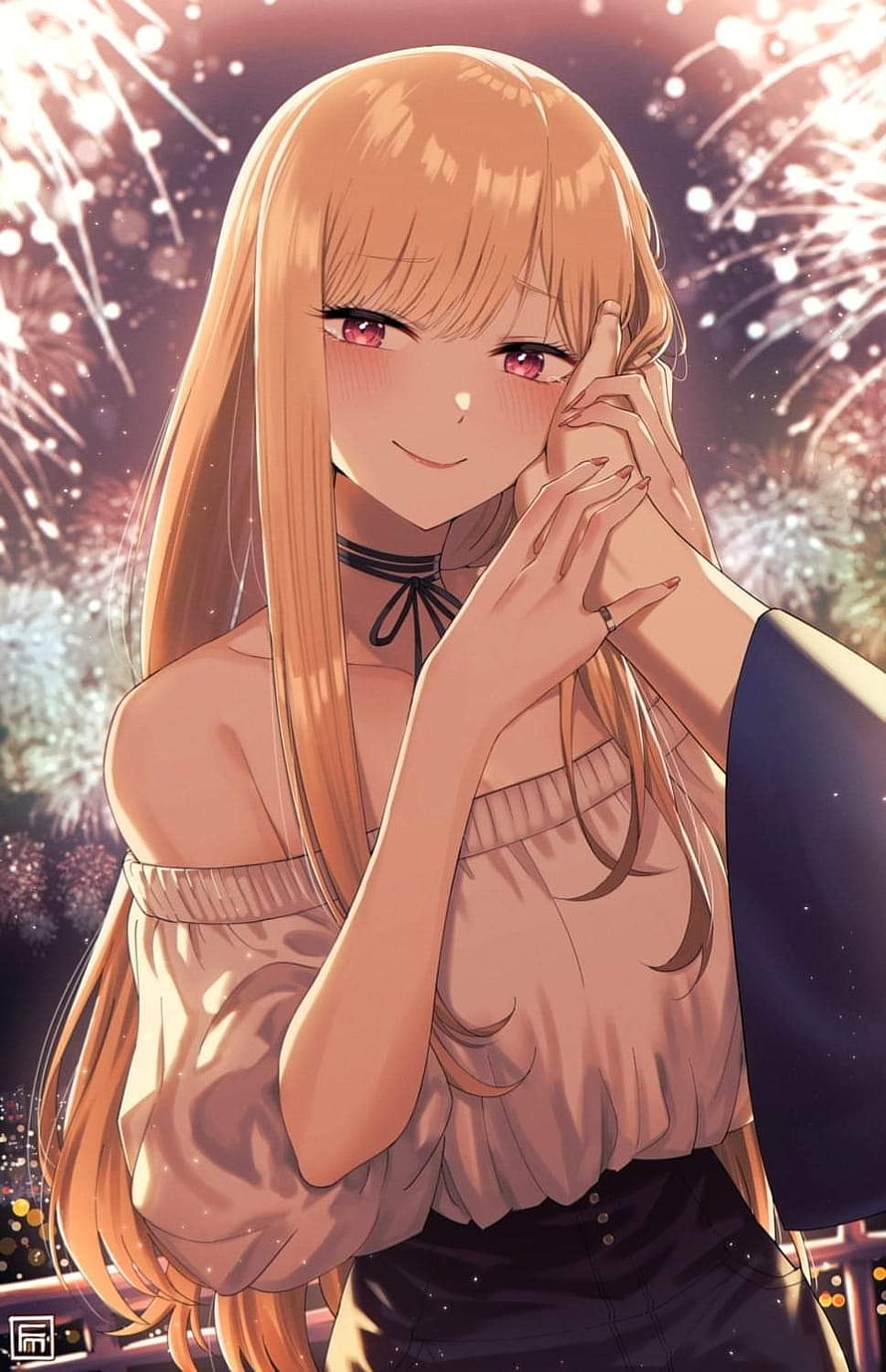 Marin Kitagawa Anime Girl With Long Blonde Hair And Fireworks Background HD phone wallpaper
