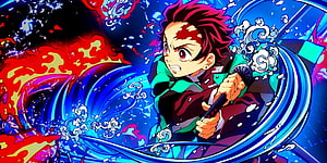 Tanjiro Kamado Wielding Katana in Dynamic Demon Slayer Anime Artwork HD wallpaper