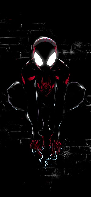 Miles Morales Spider-Man Crouching on Dark Brick Wall with Glowing Eyes and Electric Sparks, Miles Morales , Spider Man, Dark, Black Background, Artwork, , Graphics CGI, Spiderman Amoled HD phone wallpaper