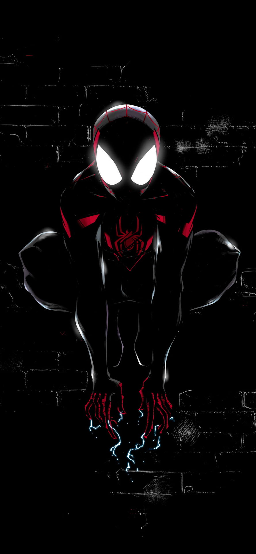 Miles Morales Spider-Man Crouching on Dark Brick Wall with Glowing Eyes and Electric Sparks HD phone wallpaper
