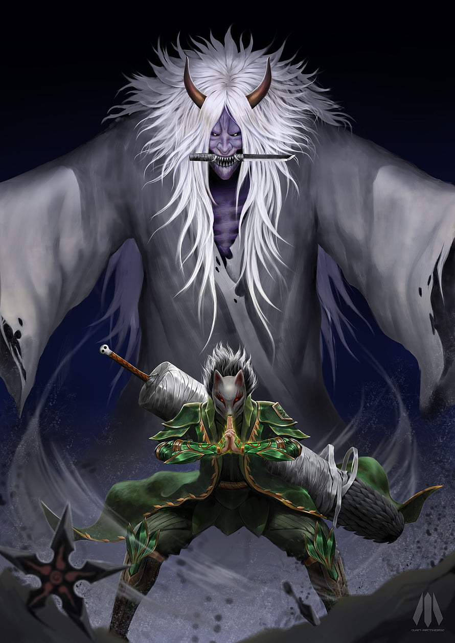 Shiki Fujin and the Oni Demon in Dark Fantasy Digital Art HD phone wallpaper