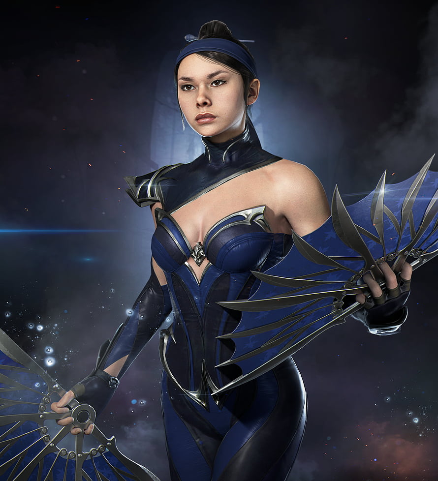 Kitana from Mortal Kombat 11 in a blue armored suit wielding ornate fan weapons against a dark cosmic background HD phone wallpaper
