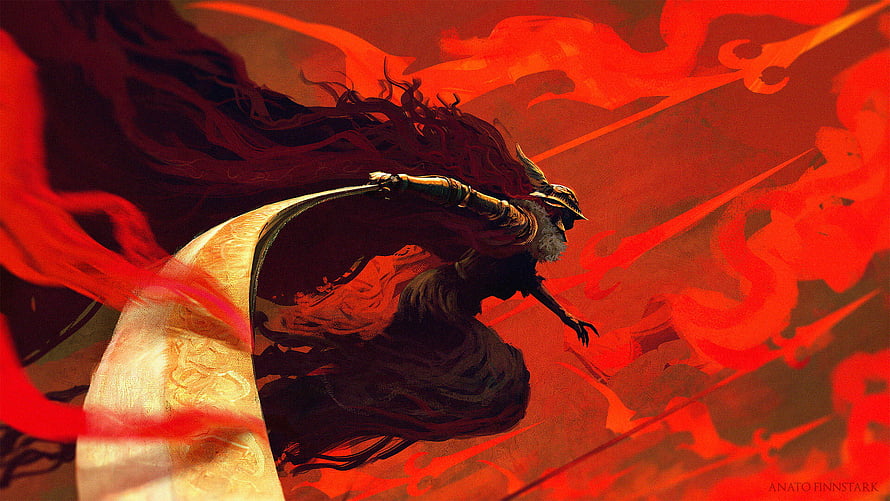 Malenia Blade of Miquella wielding her sword in a fiery red battle scene from Elden Ring HD wallpaper