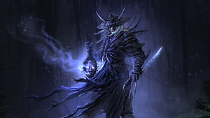 Dark Ninja Warrior Wielding Glowing Skull and Blade in Misty Forest HD wallpaper