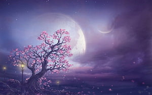Fantasy Cherry Blossom Tree Under a Giant Moon and Crescent Night Sky HD wallpaper