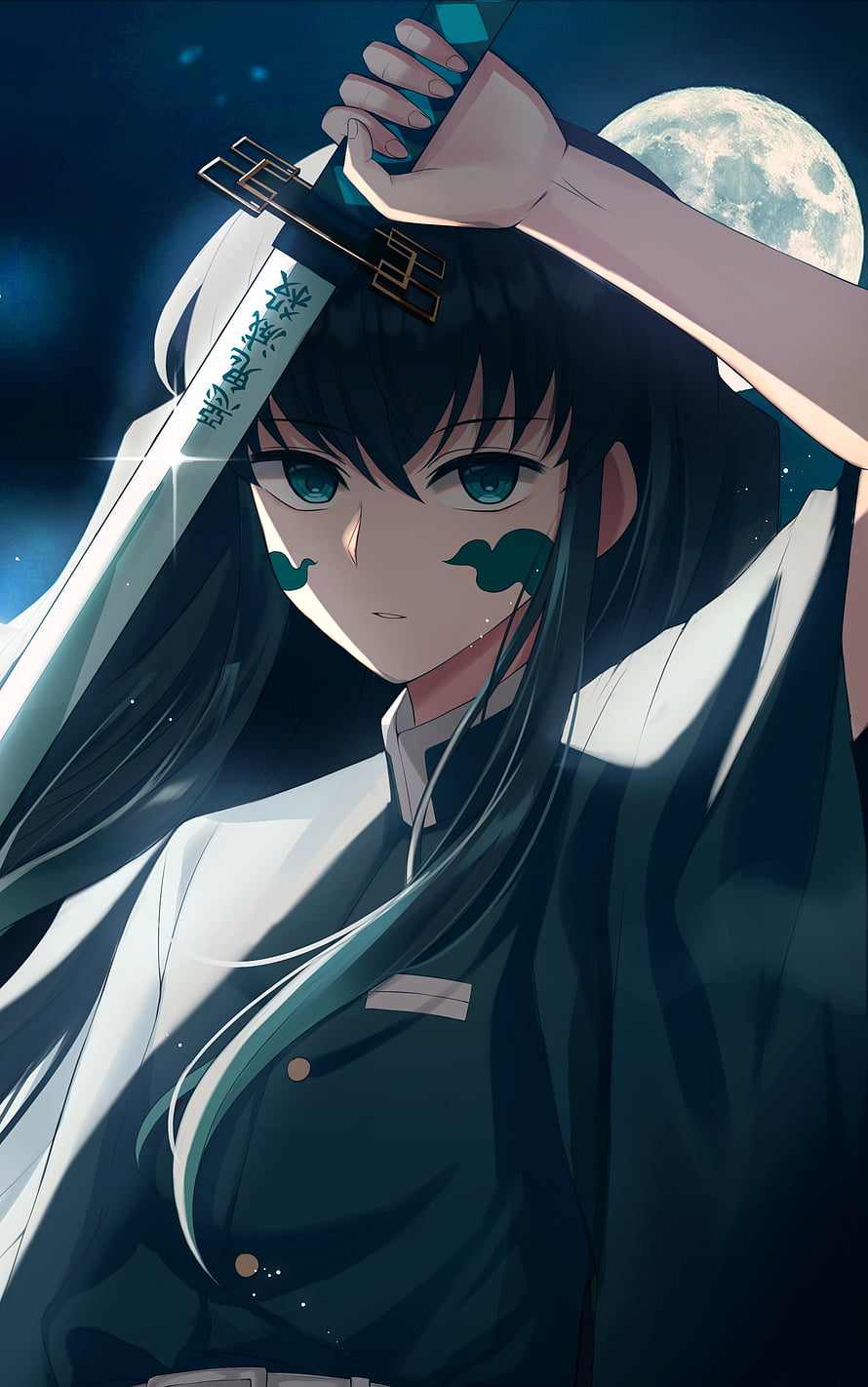 Muichiro Tokito from Demon Slayer Holding Katana Under Full Moon HD phone wallpaper