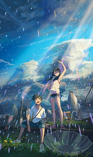 Weathering With You Anime Scene: Two Characters Under a Rainy Sky with Sunbeams and a City Skyline HD phone wallpaper