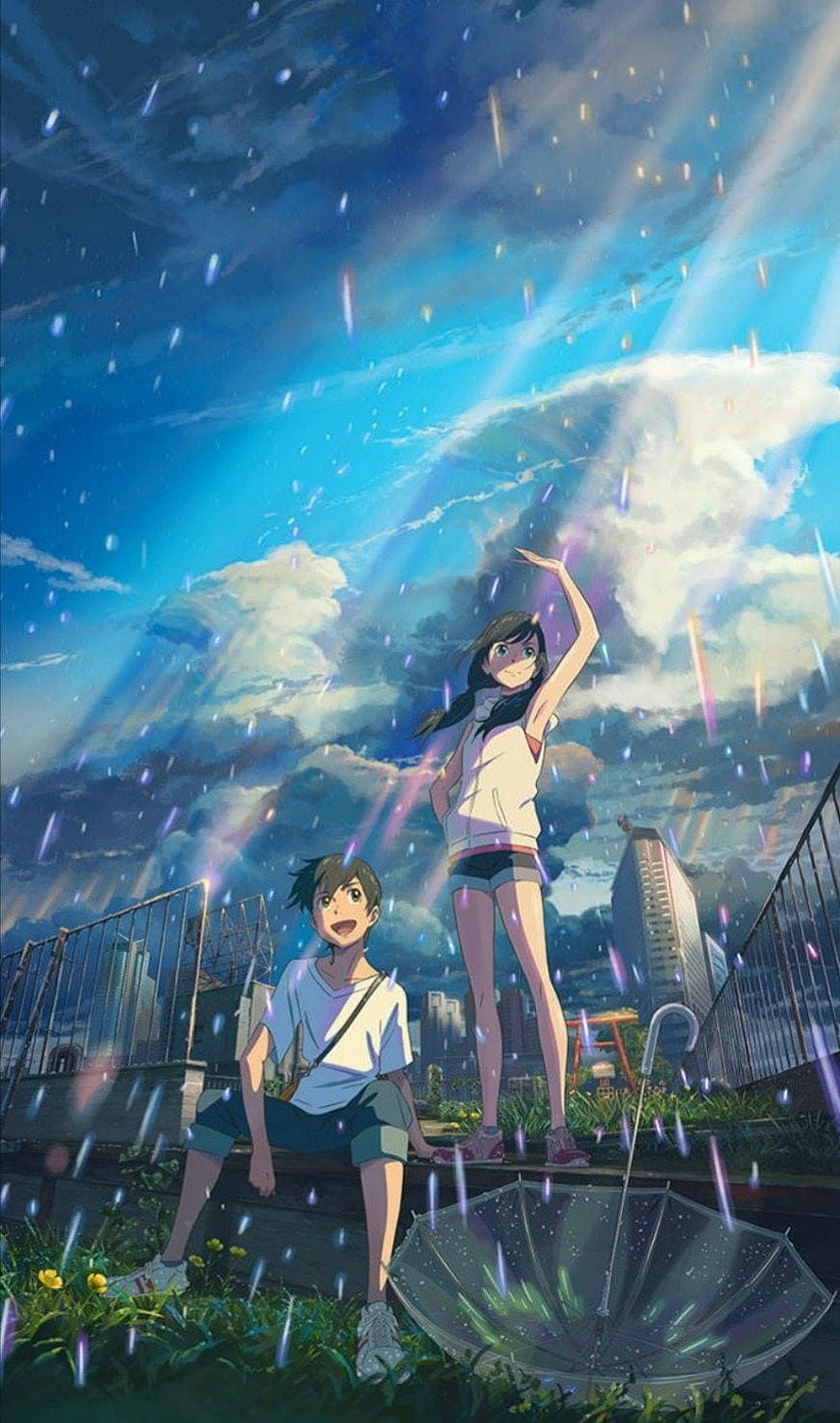 Weathering With You Anime Scene: Two Characters Under a Rainy Sky with Sunbeams and a City Skyline HD phone wallpaper