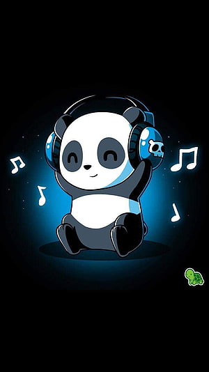 Cute Chibi Panda Wearing Headphones with Glowing Music Notes on Dark Background HD phone wallpaper