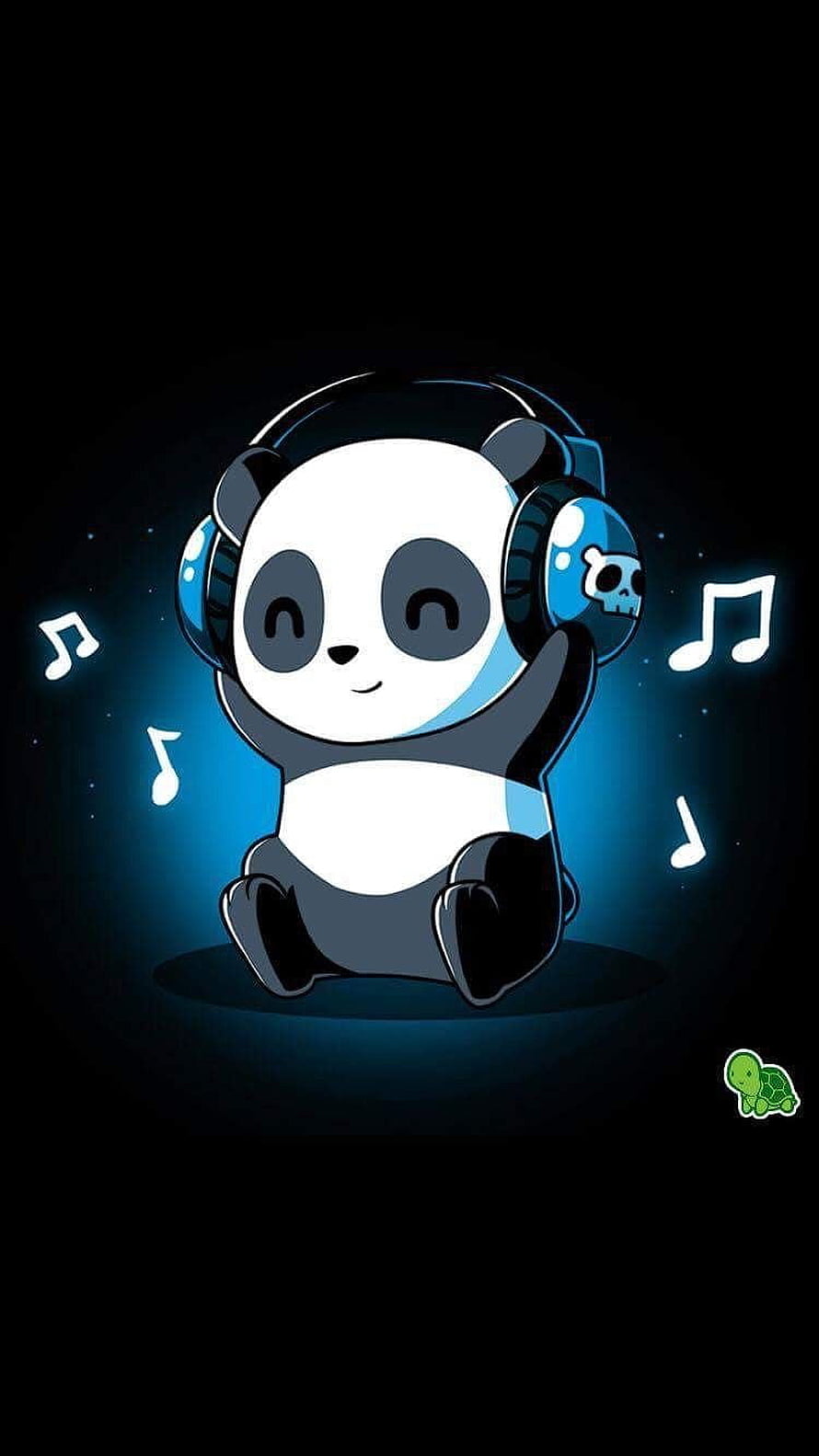 Cute Chibi Panda Wearing Headphones with Glowing Music Notes on Dark Background HD phone wallpaper