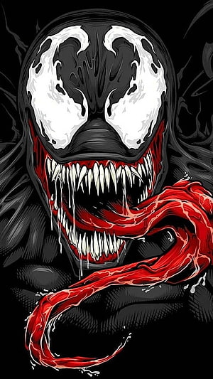 Venom Comic Artwork with Sharp Teeth and Long Red Tongue on Black Background HD phone wallpaper