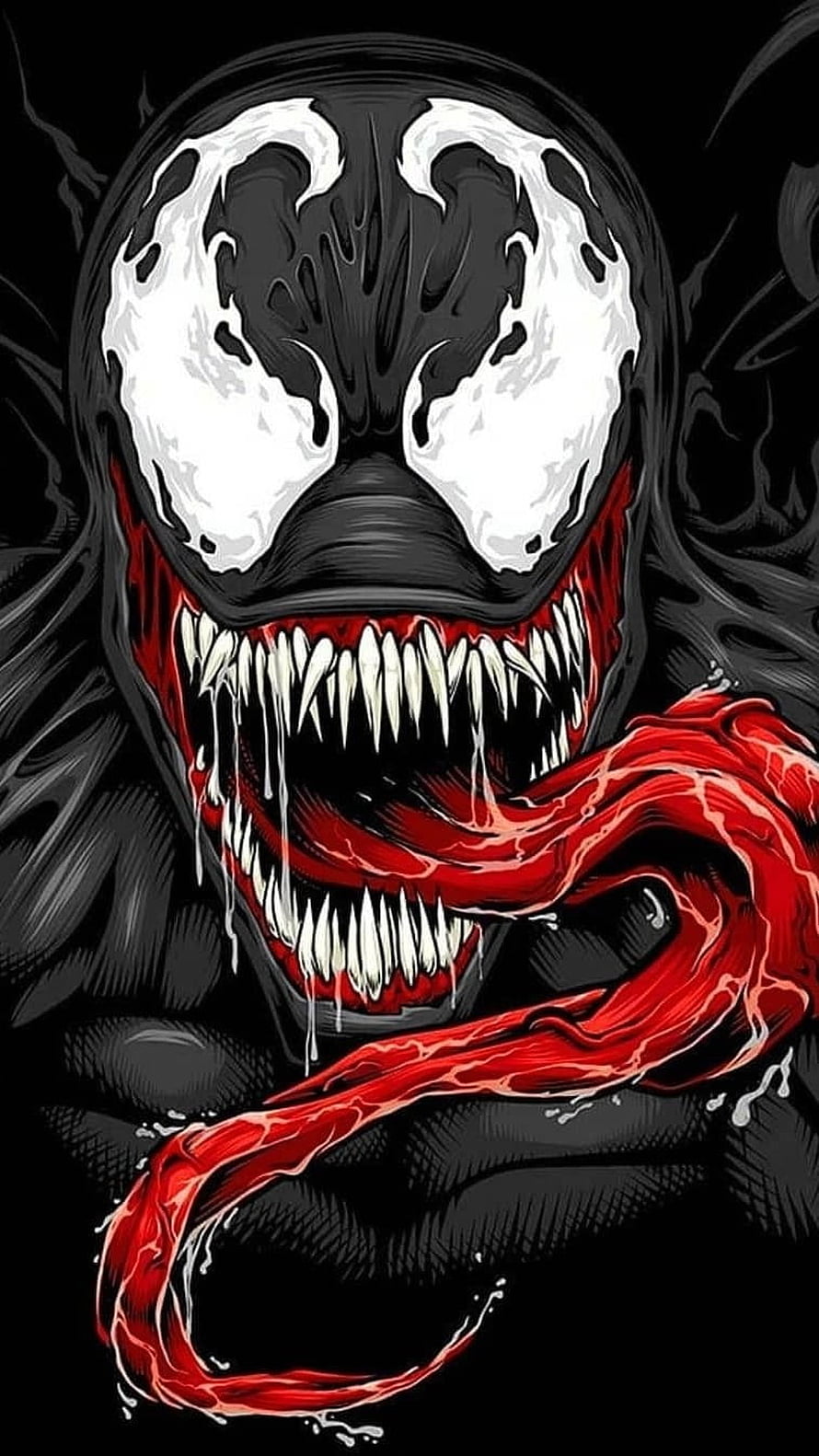 Venom Comic Artwork with Sharp Teeth and Long Red Tongue on Black Background HD phone wallpaper