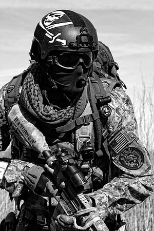 Black and White Portrait of a Navy SEAL Operator in Full Tactical Gear HD phone wallpaper