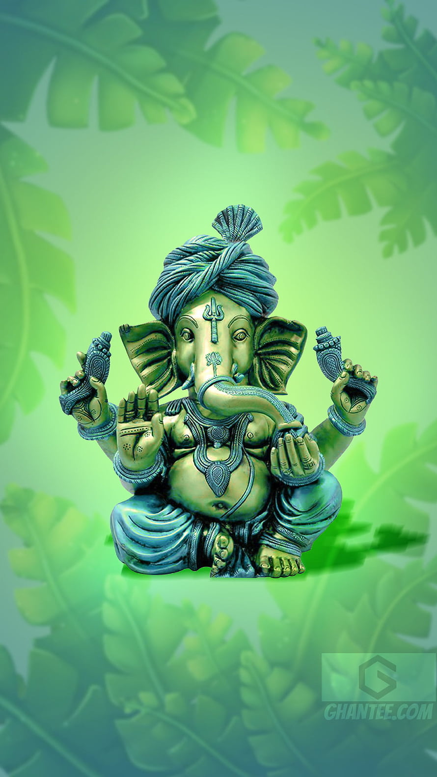 Ganesha Statue with Turban and Four Arms on Green Tropical Leaf Background HD phone wallpaper