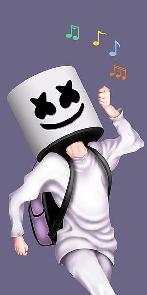 Marshmello DJ in White Outfit with Backpack and Floating Music Notes HD phone wallpaper