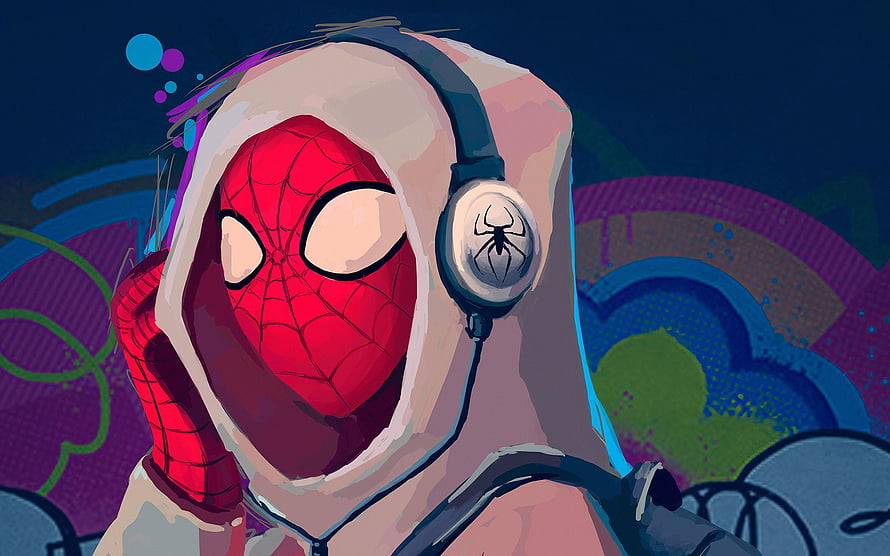 Spider-Man in Hoodie and Headphones Listening to Music Digital Art HD wallpaper