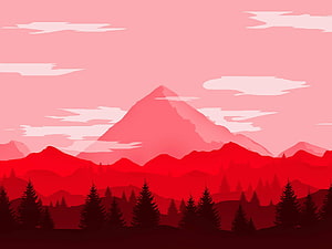 Minimalist Red Mountain Landscape with Pine Forest Silhouettes and Pink Sky HD wallpaper