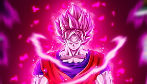Goku Super Saiyan Blue Kaioken Anime Character with Pink Aura and Red Cape HD wallpaper