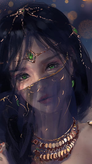 WLOP Digital Painting of a Veiled Woman with Green Eyes and Gold Jewelry HD phone wallpaper