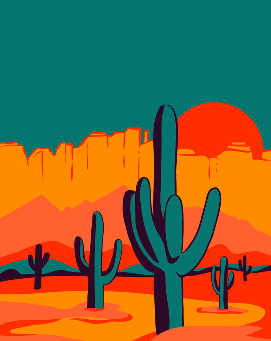 Colorful Saguaro Cactus Desert Landscape with Setting Sun and Orange Canyon Cliffs HD phone wallpaper
