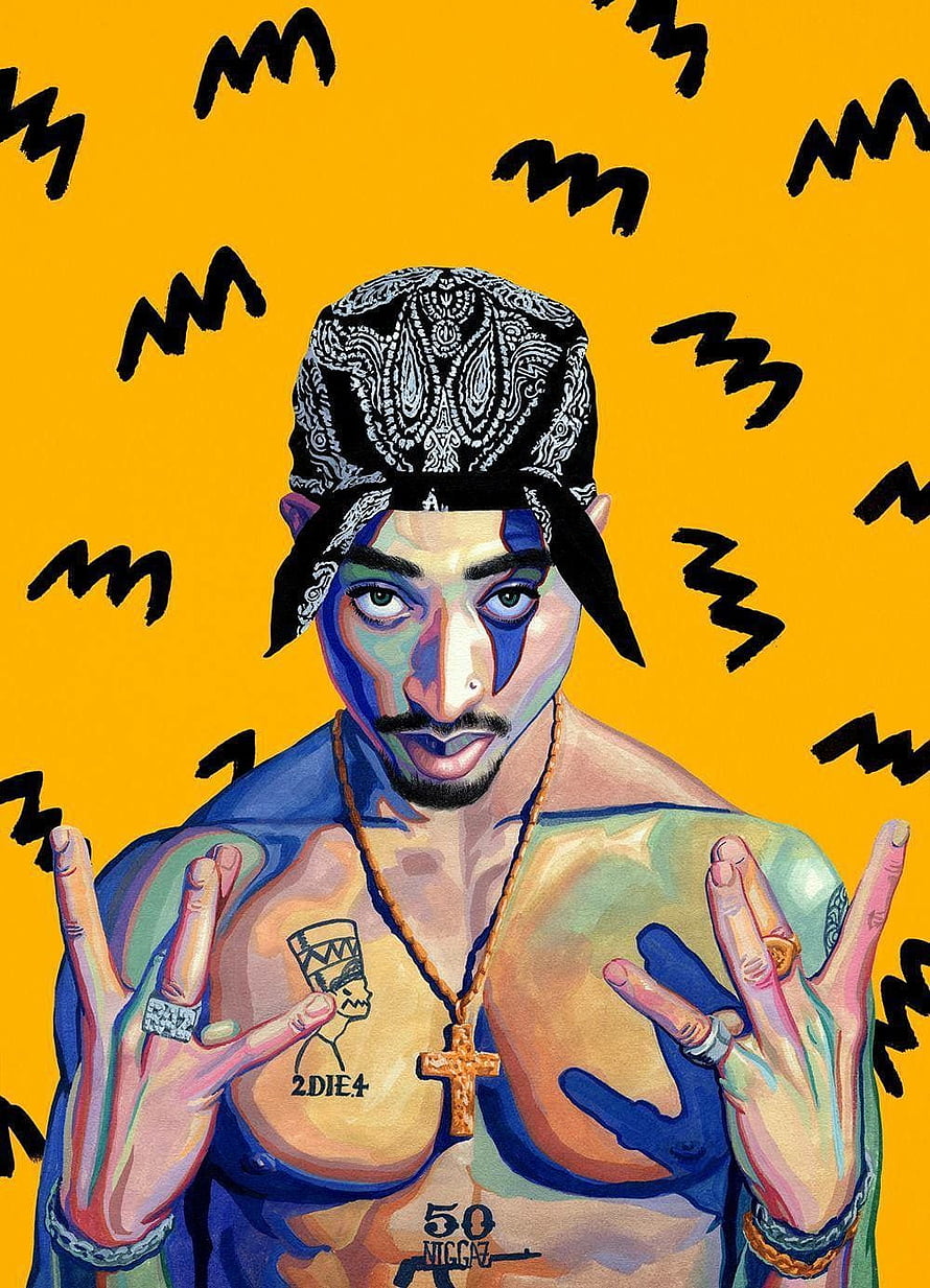 Tupac Shakur Digital Art Portrait with Bandana and Cross Necklace on Yellow Background HD phone wallpaper
