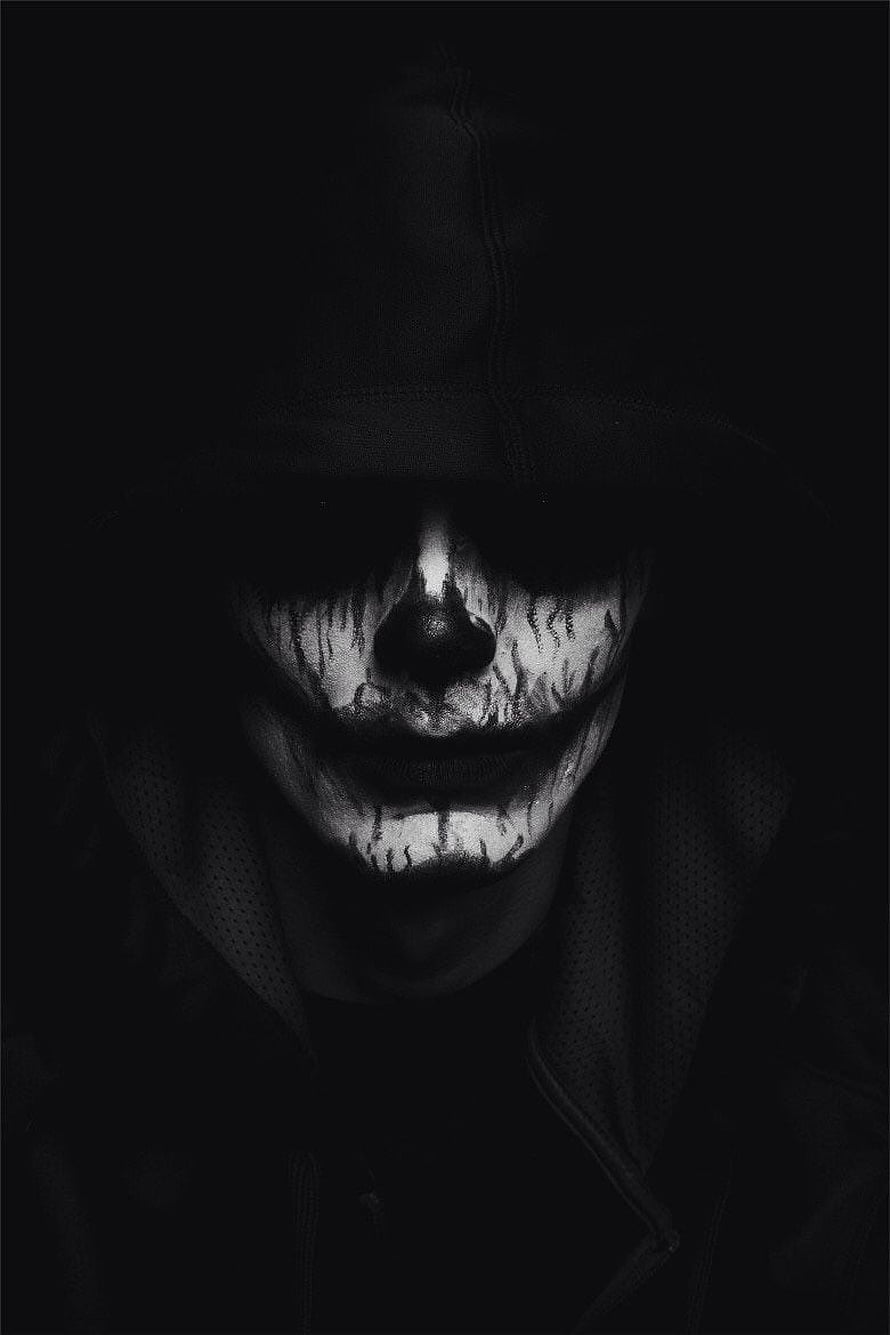 Dark Clown Face with Tribal Tattoo Makeup in Black Hoodie HD phone wallpaper