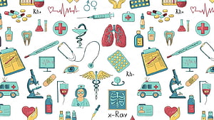 Hand-drawn medical doodle pattern with stethoscope, lungs, microscope, and nurse on white background HD wallpaper