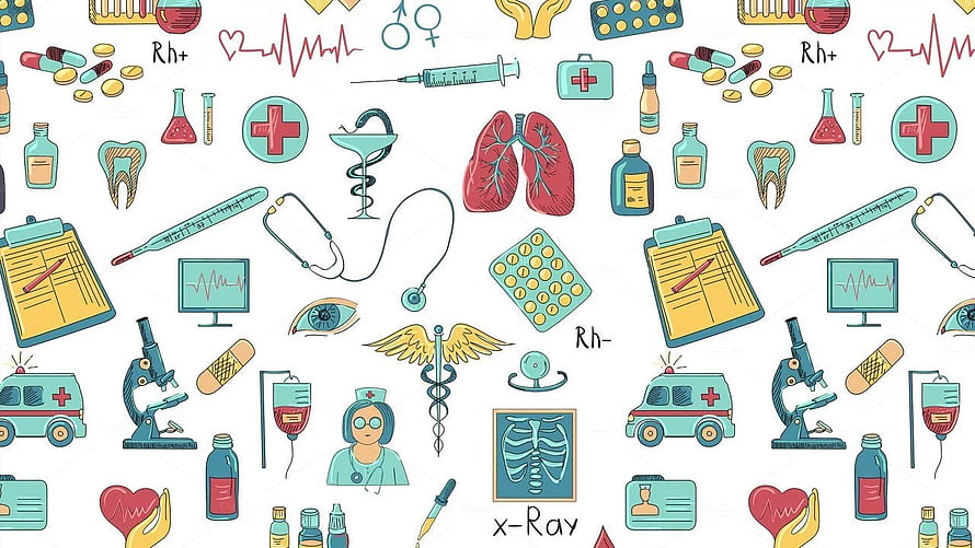 Hand-drawn medical doodle pattern with stethoscope, lungs, microscope, and nurse on white background HD wallpaper