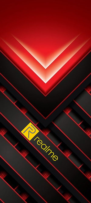 Realme Brand Logo on Abstract Red and Black Geometric Chevron Pattern Background HD phone wallpaper
