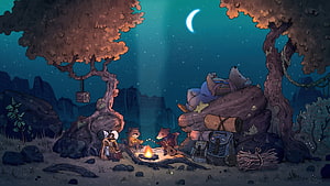 Cozy Nighttime Camping Scene with Animal Characters and Campfire Under a Crescent Moon HD wallpaper