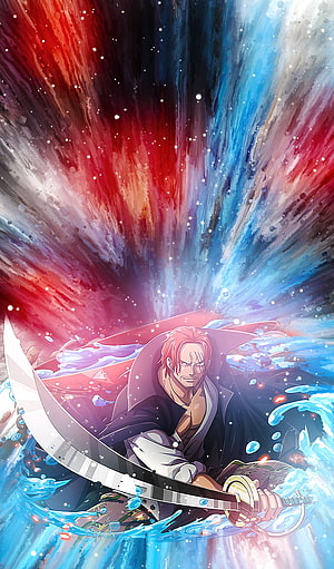 Shanks from One Piece wielding his sword against a vibrant red and blue cosmic background HD phone wallpaper