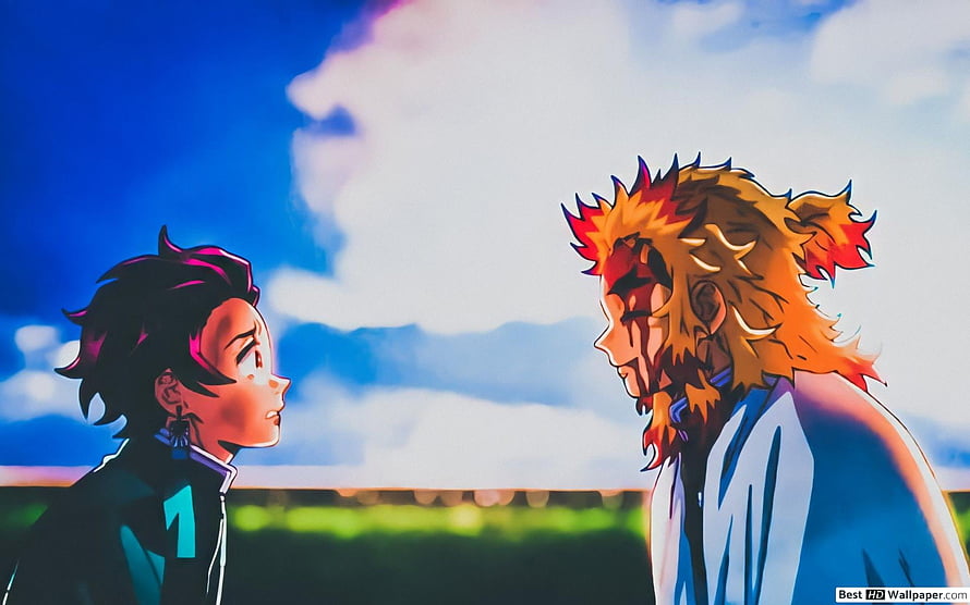 Tanjiro and Rengoku Face Off in Demon Slayer Anime Scene HD wallpaper