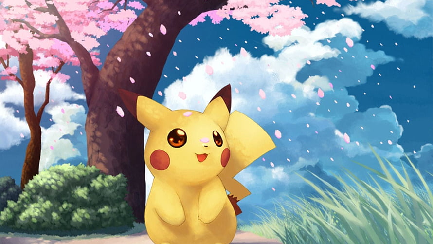 Pikachu Under a Cherry Blossom Tree in a Springtime Meadow HD wallpaper