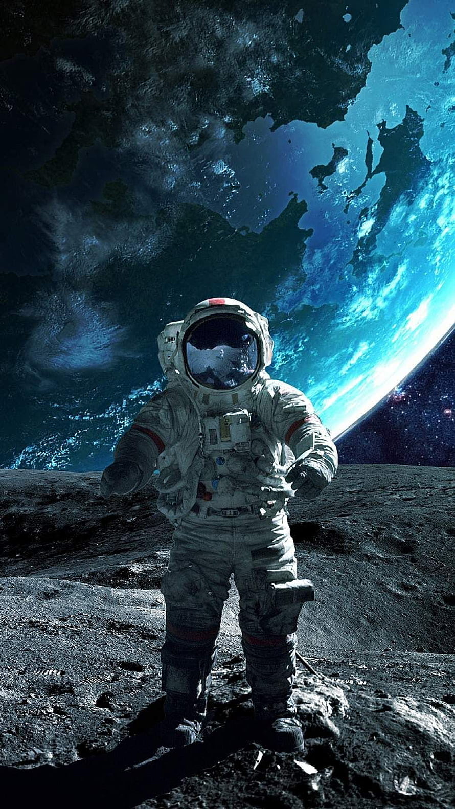 Astronaut Standing on Lunar Surface with Earth Rising in the Background HD phone wallpaper