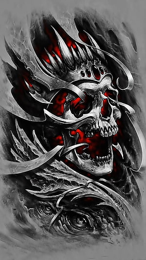 Dark Skull with Red Eyes and Metallic Horns in Grayscale Digital Art HD phone wallpaper