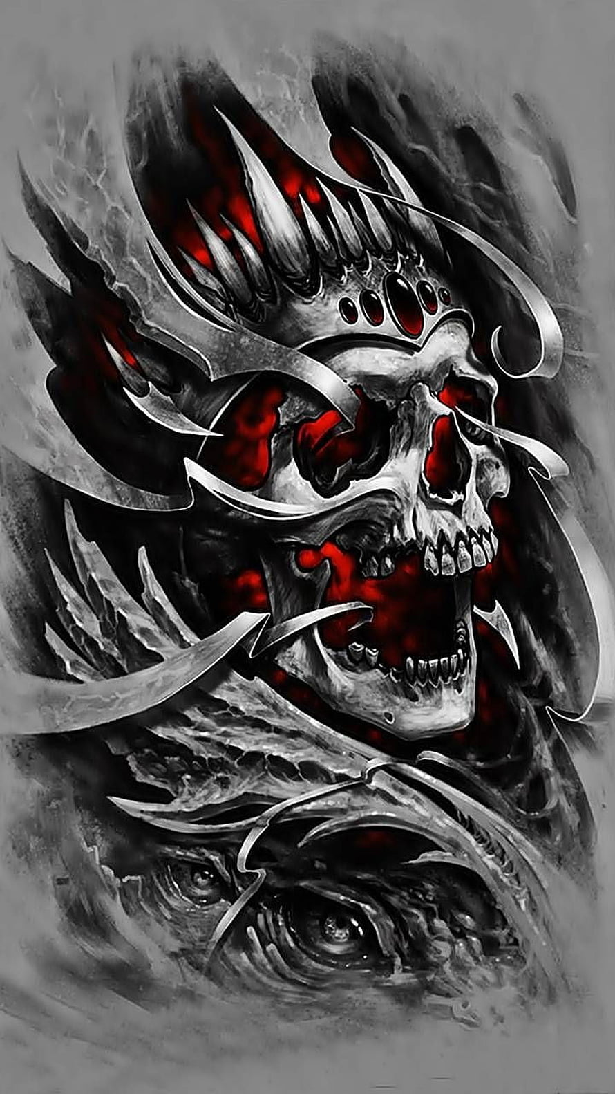 Dark Skull with Red Eyes and Metallic Horns in Grayscale Digital Art HD phone wallpaper